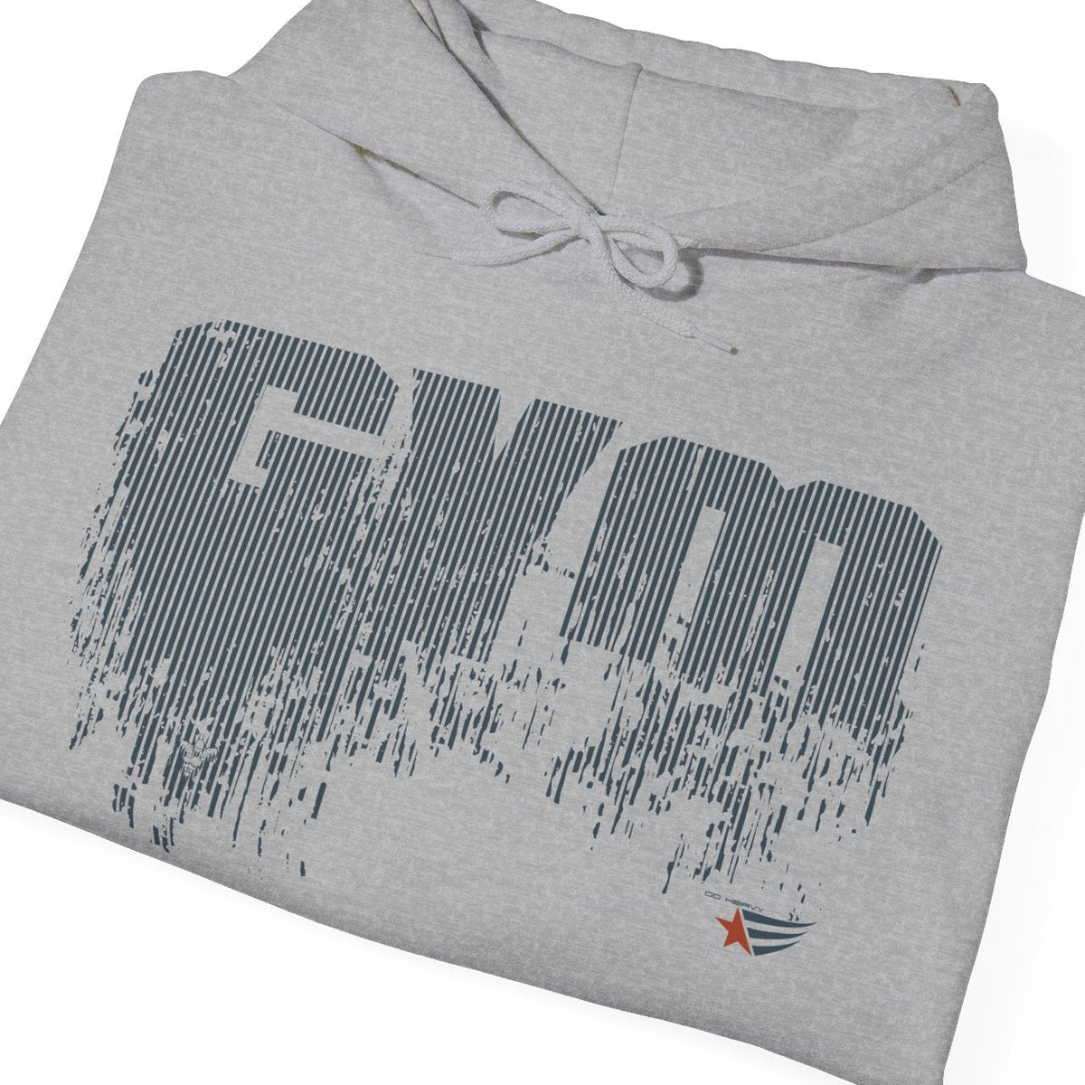 A folded light gray heather hoodie with a distressed dark gray 'GYM' graphic on the front and a small orange and blue logo near the lower right front, shown on a plain white background.
