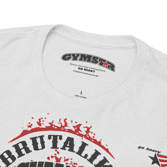 Close-up of a light heather gray t-shirt showing the inner neck label with 'GYMSTAR' and 'GO HEAVY' branding, along with part of a red and black graphic print on the front.