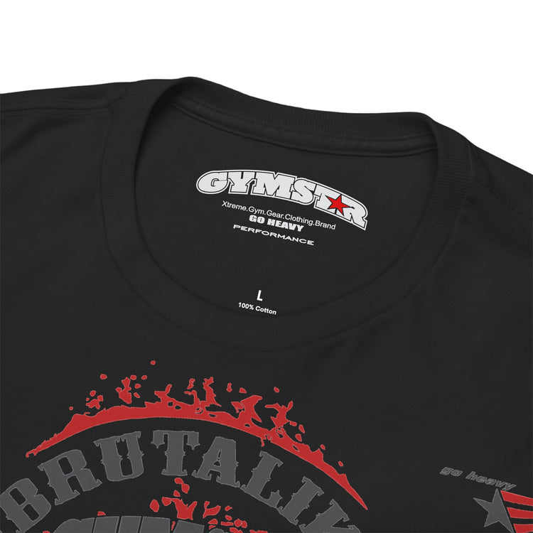 Close-up of a black crewneck t-shirt showing the inner neck label with 'GYMSTAR' and '60 HEAVY' branding, and the lower portion of a red and gray graphic print on the front.