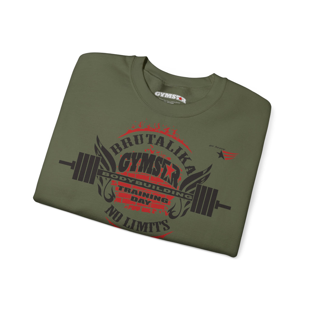 An olive green crewneck t-shirt with a gym-themed graphic print, folded neatly on a white background.