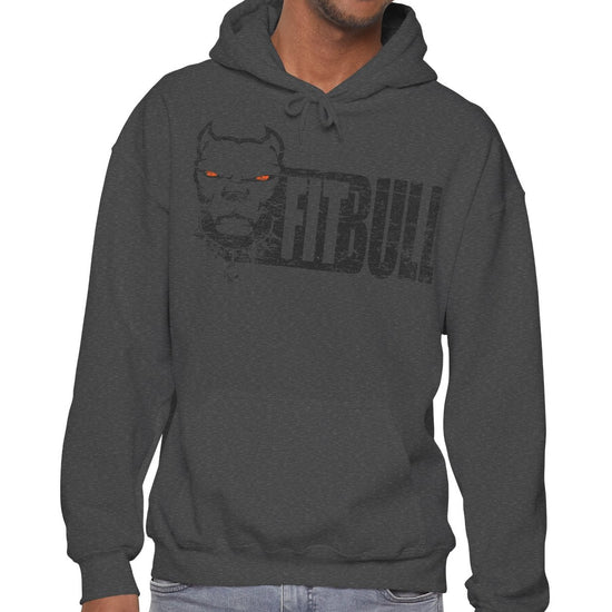 Man wearing a dark gray Fitbull hoodie with 'RYVAREAR' logo on a white background
