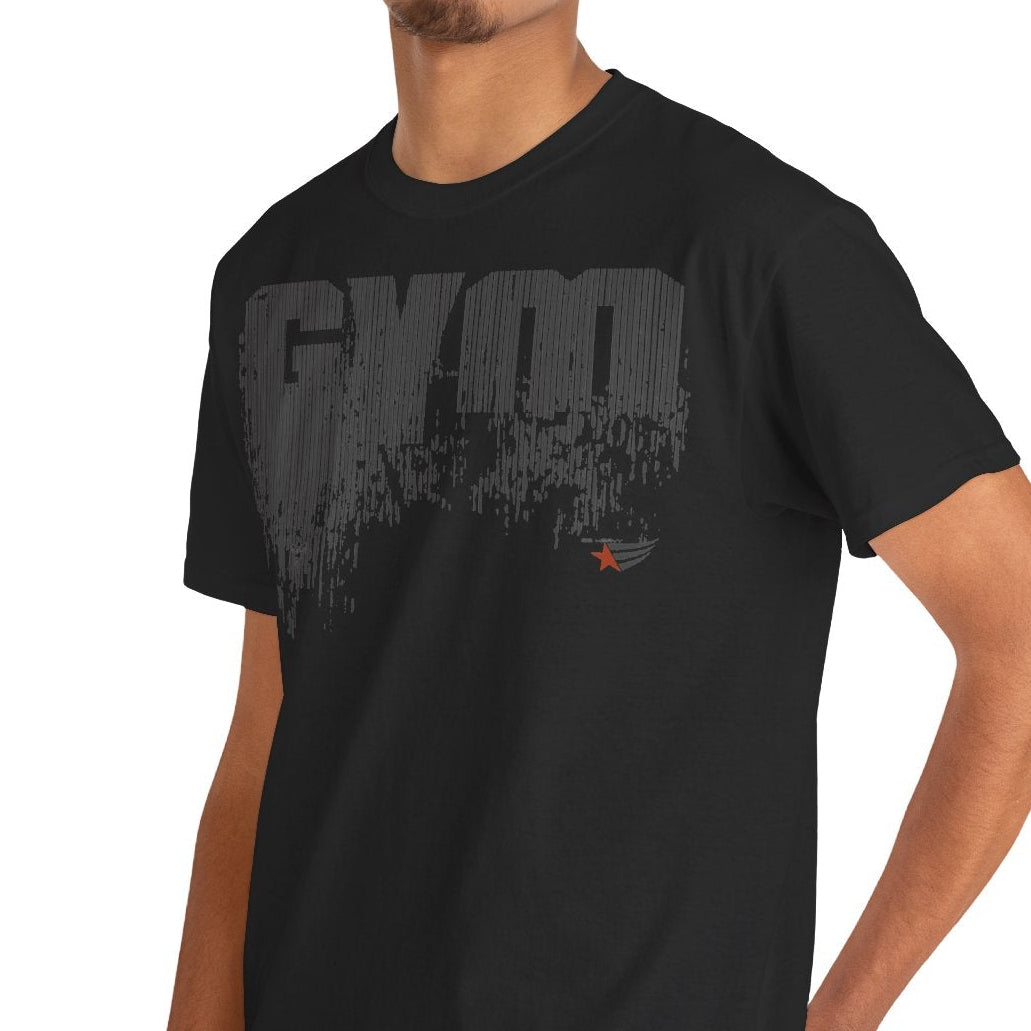 Person wearing a black t-shirt with a graphic design on a white background