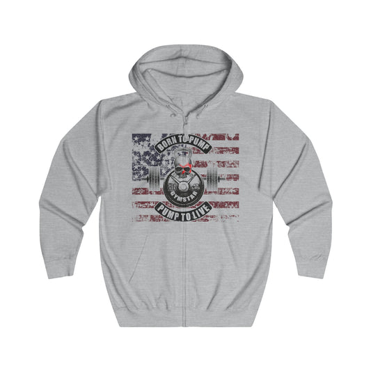A light gray zip-up hoodie with a distressed American flag graphic on the chest featuring a skull, barbell, and the text 'BORN TO PUMP PUMP TO LIVE'.