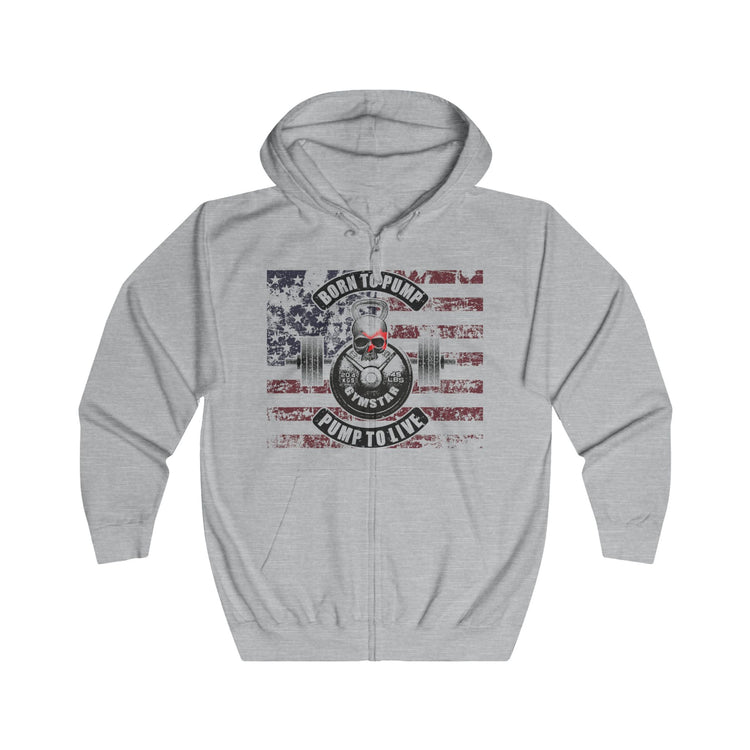 A light gray zip-up hoodie with a distressed American flag graphic on the chest featuring a skull, barbell, and the text 'BORN TO PUMP PUMP TO LIVE'.