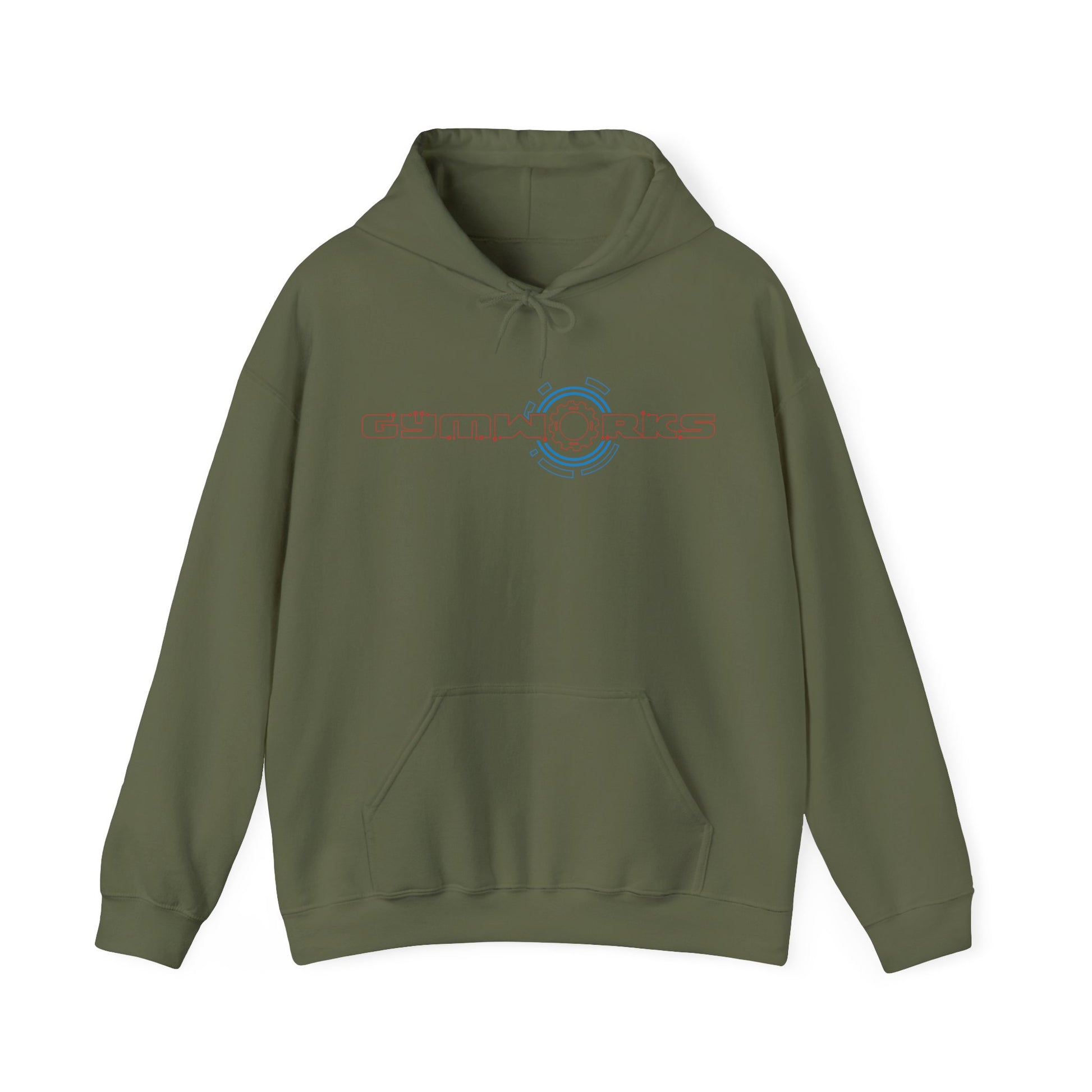 Green Gymworks hoodie with a logo on a white background