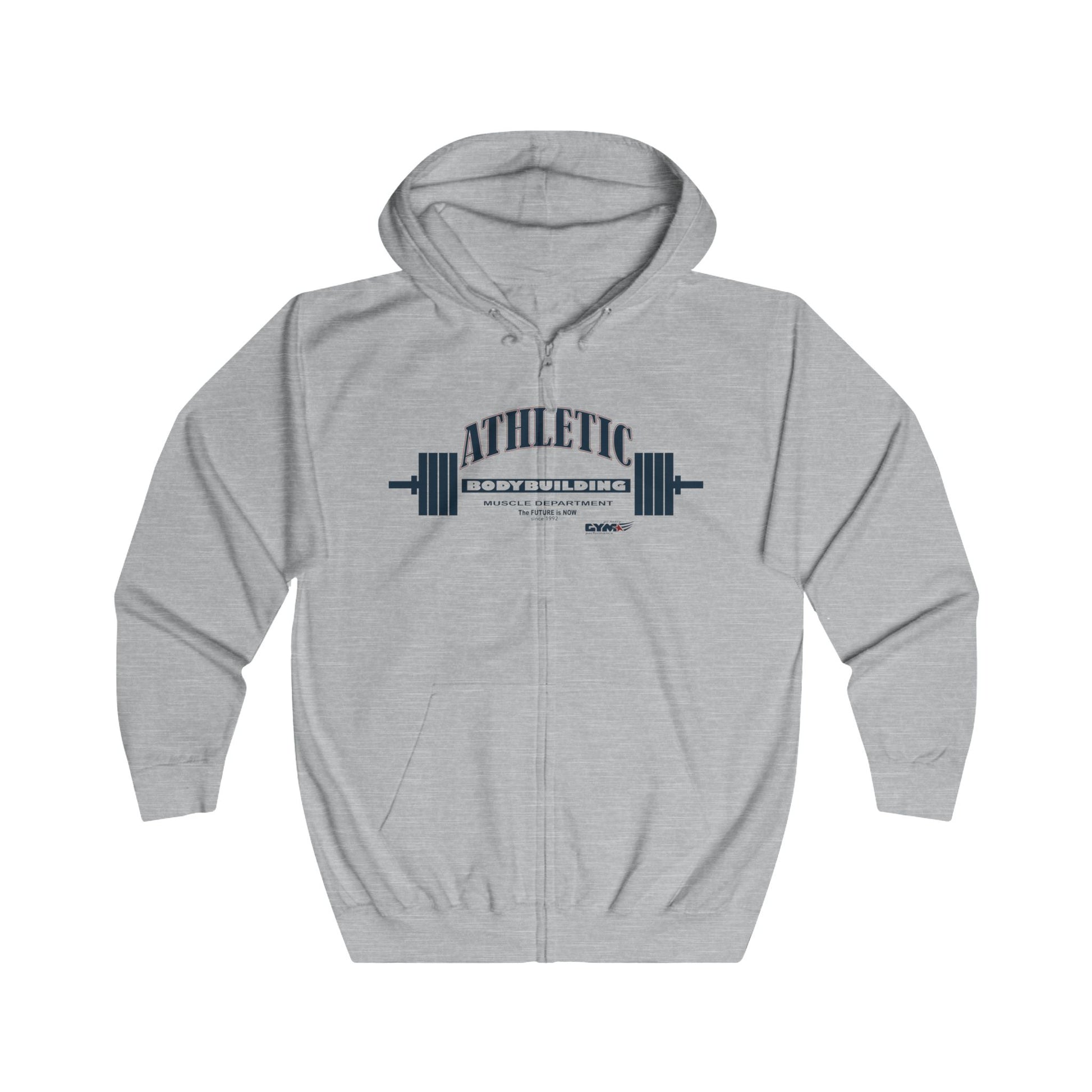 Gray Gymstar hoodie with 'Athletic' graphic on a white background