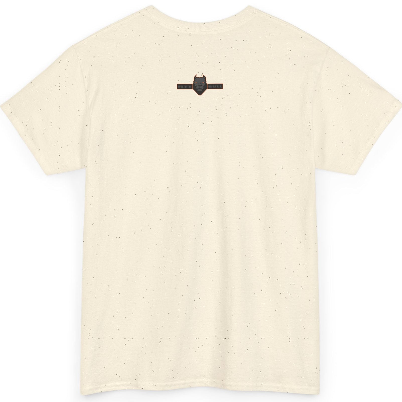 Beige t-shirt with a small black logo on the back against a white background