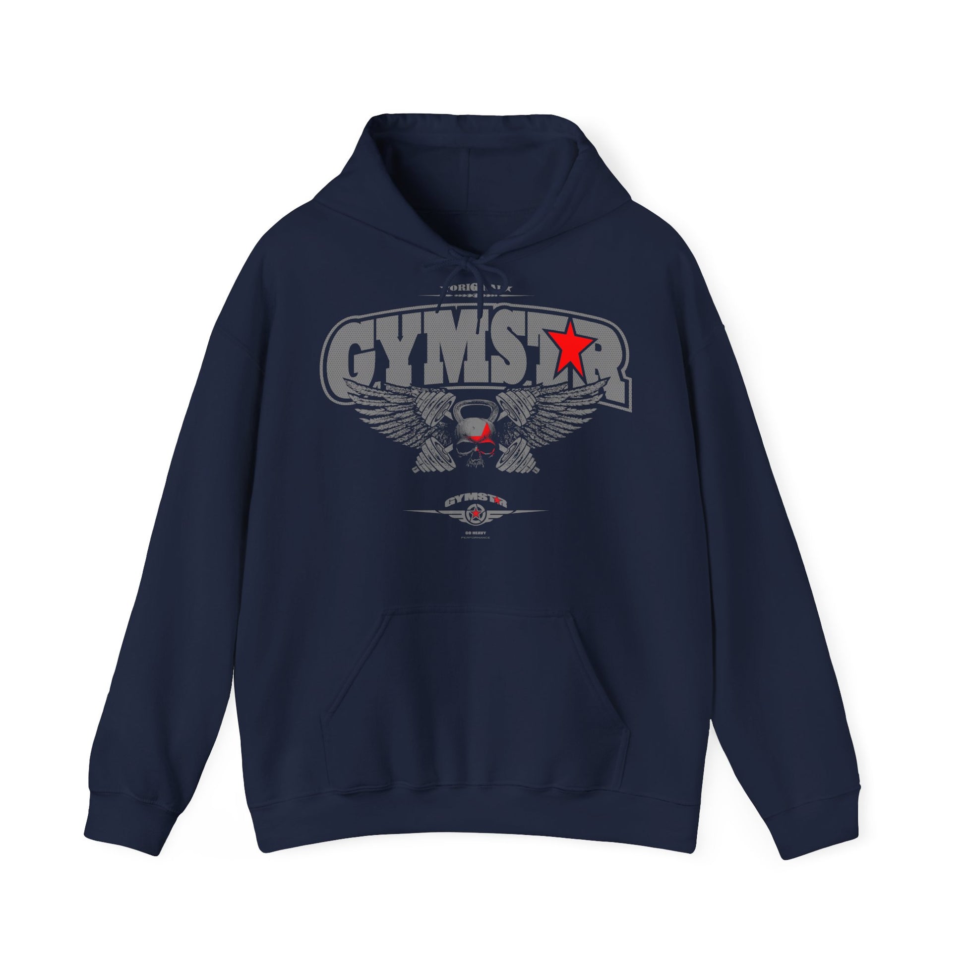 Navy blue hoodie with 'GYMSTAR' text on a white background