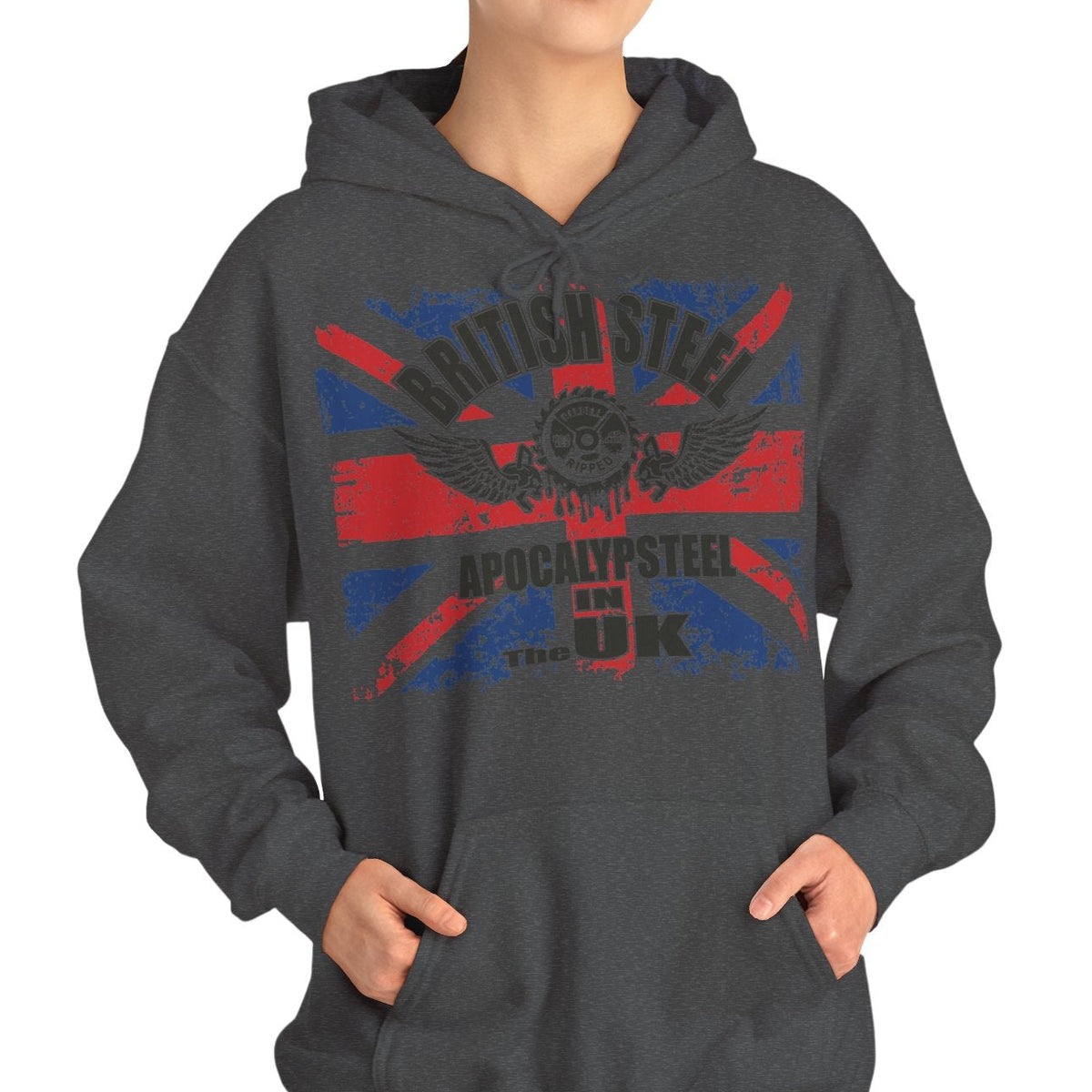 A woman wearing a dark gray pullover hoodie with a distressed graphic on the front. The graphic features a Union Jack pattern in red and blue with the text 'BRITISH AFGHANISTAN THE UK' and a central emblem.