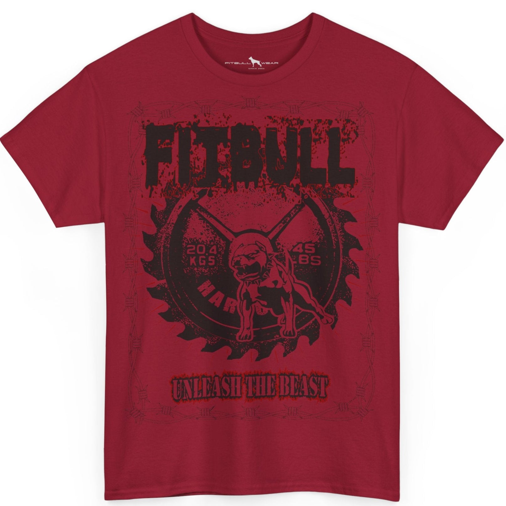 Red t-shirt with black graphic design on a white background