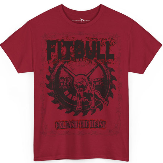 Red t-shirt with black graphic design on a white background