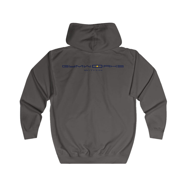 Gymworks Minimal Tech Logo Full-Zip Hoodie — Subtle Circle Emblem & Back Text
