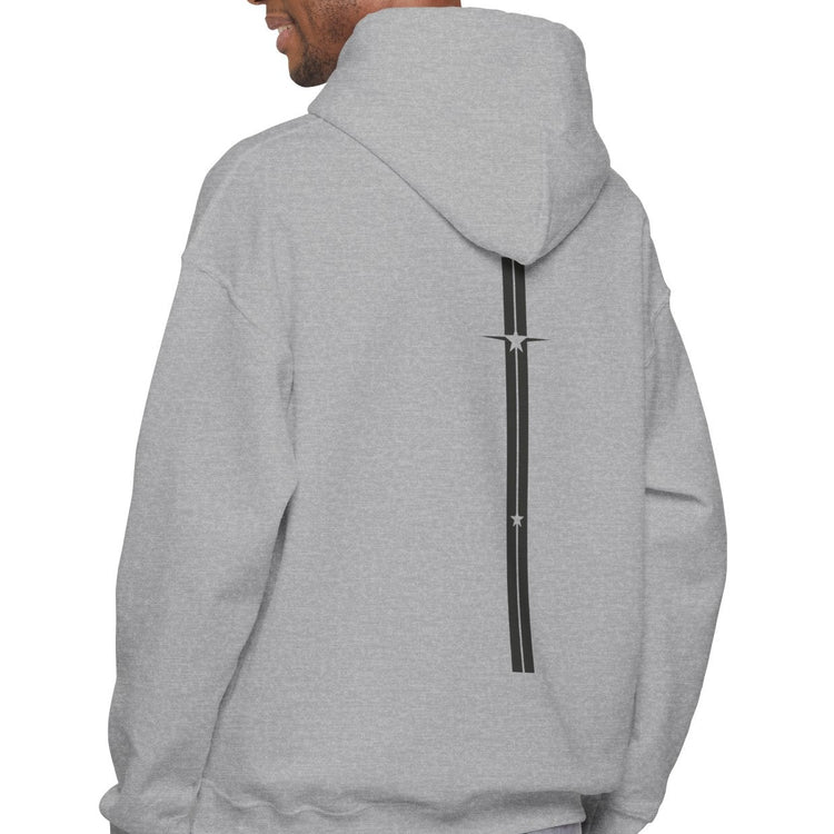 Person wearing a gray Gymstar hoodie with a zipper on the back against a white background