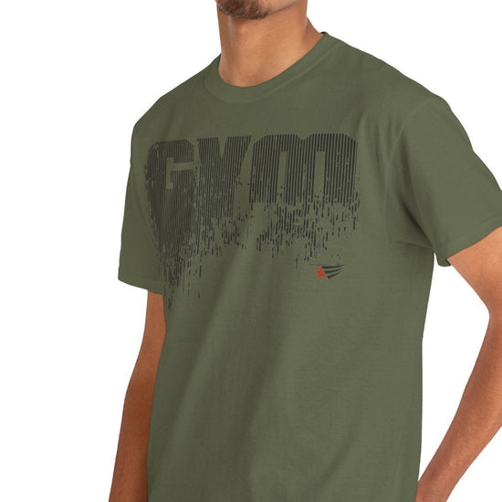 Man wearing a gray t-shirt with a graphic design on a white background