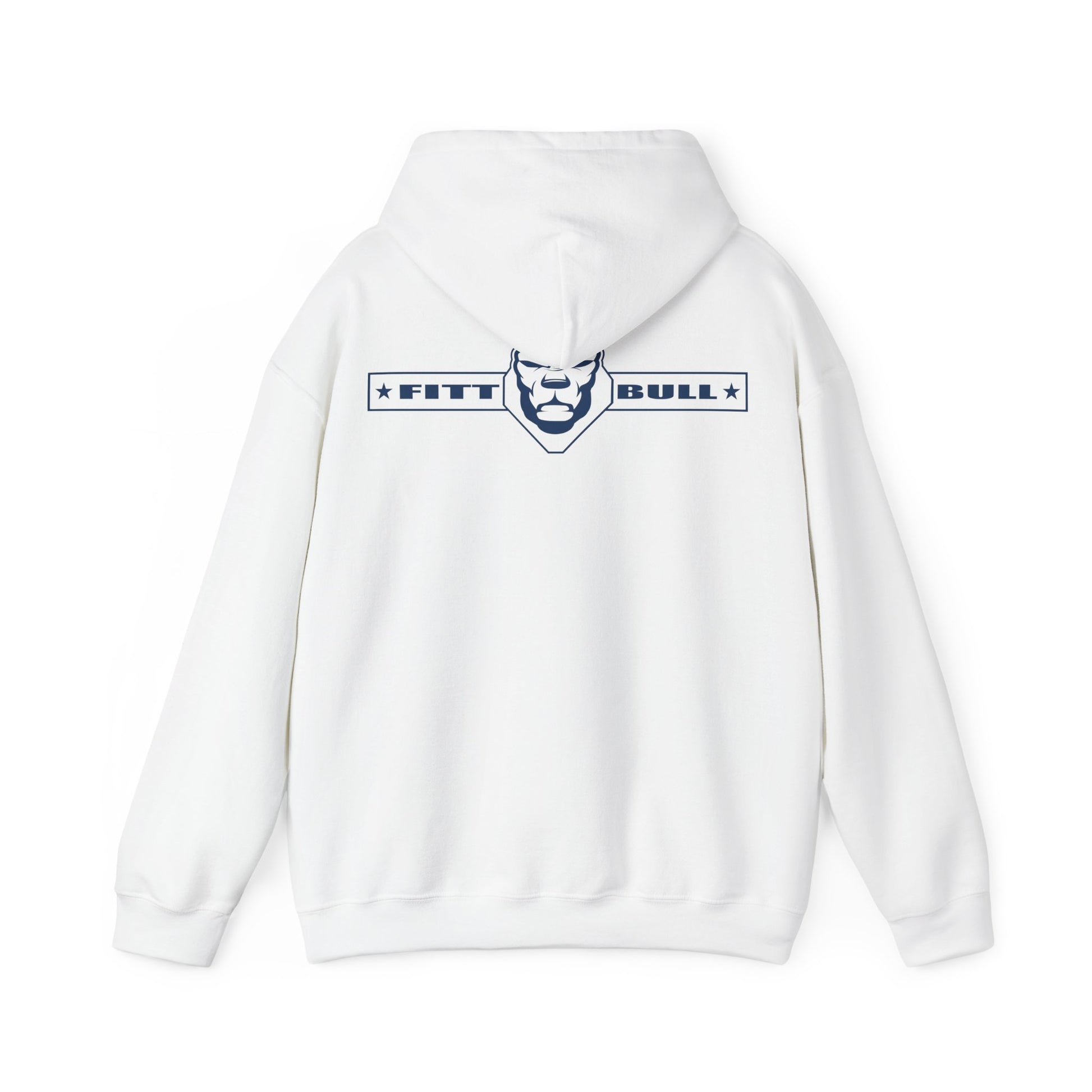 White Fitbull hoodie with 'FITT BULL' logo on the back against a white background