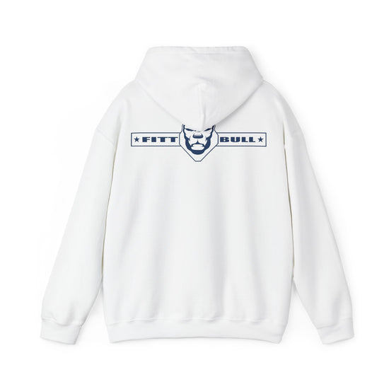 White Fitbull hoodie with 'FITT BULL' logo on the back against a white background