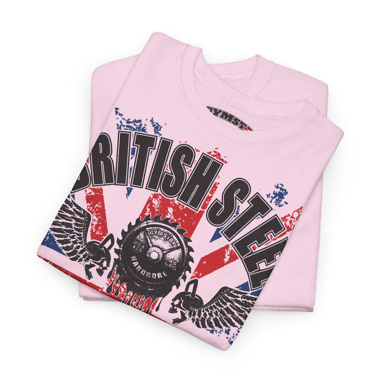 A folded light pink t-shirt featuring a distressed graphic print with the words 'BRITISH STEEL' in black, a Union Jack flag, a circular saw blade, and winged figures in red, white, and blue.