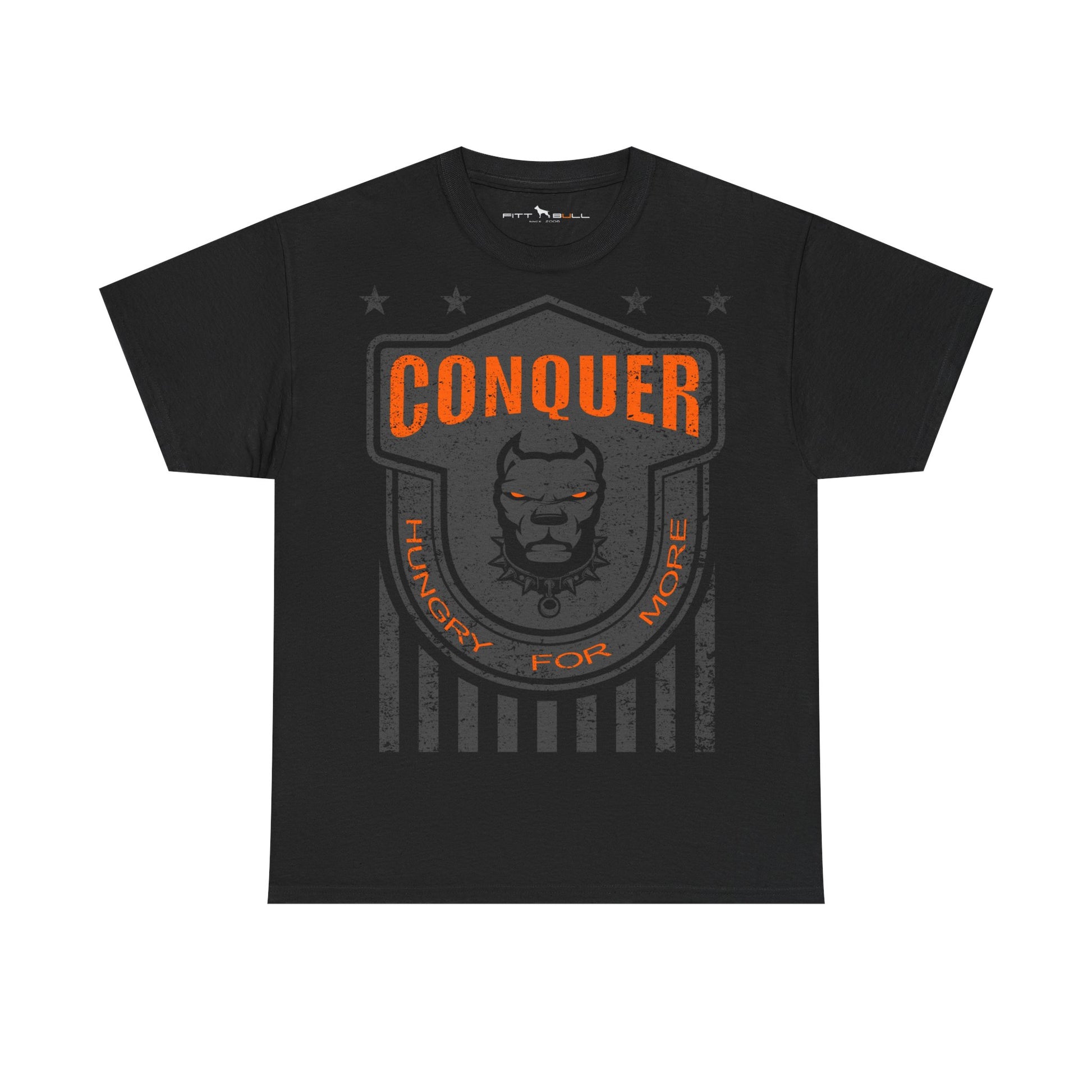 Black Fitbull fitness t-shirt with orange and gray graphic design on a white background