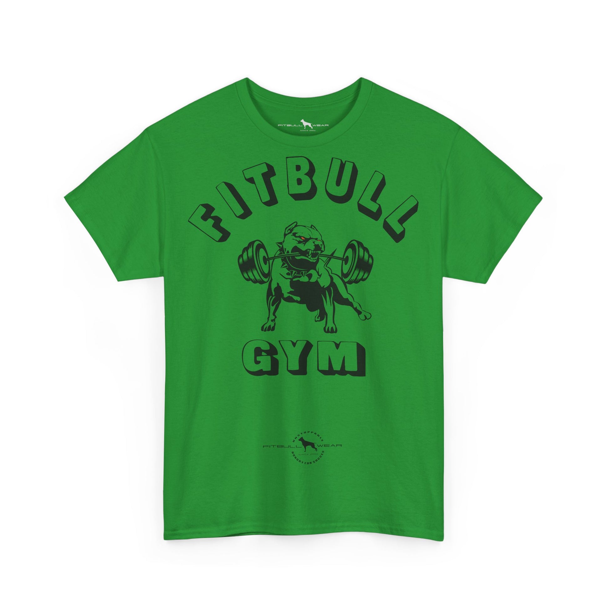 Green fitness t-shirt with 'Fitbull Gym' graphic on a white background