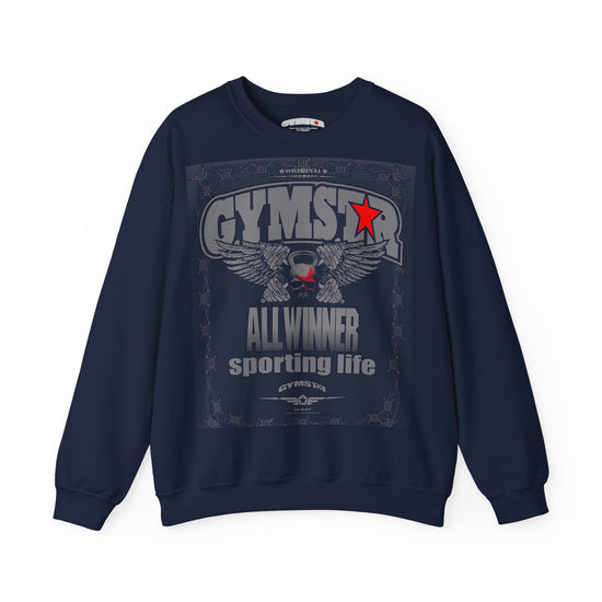 Navy blue GYMSTAR sweatshirt with graphic design on a white background