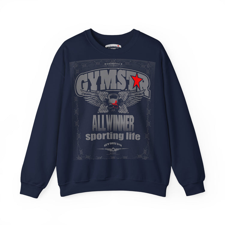 Navy blue GYMSTAR sweatshirt with graphic design on a white background