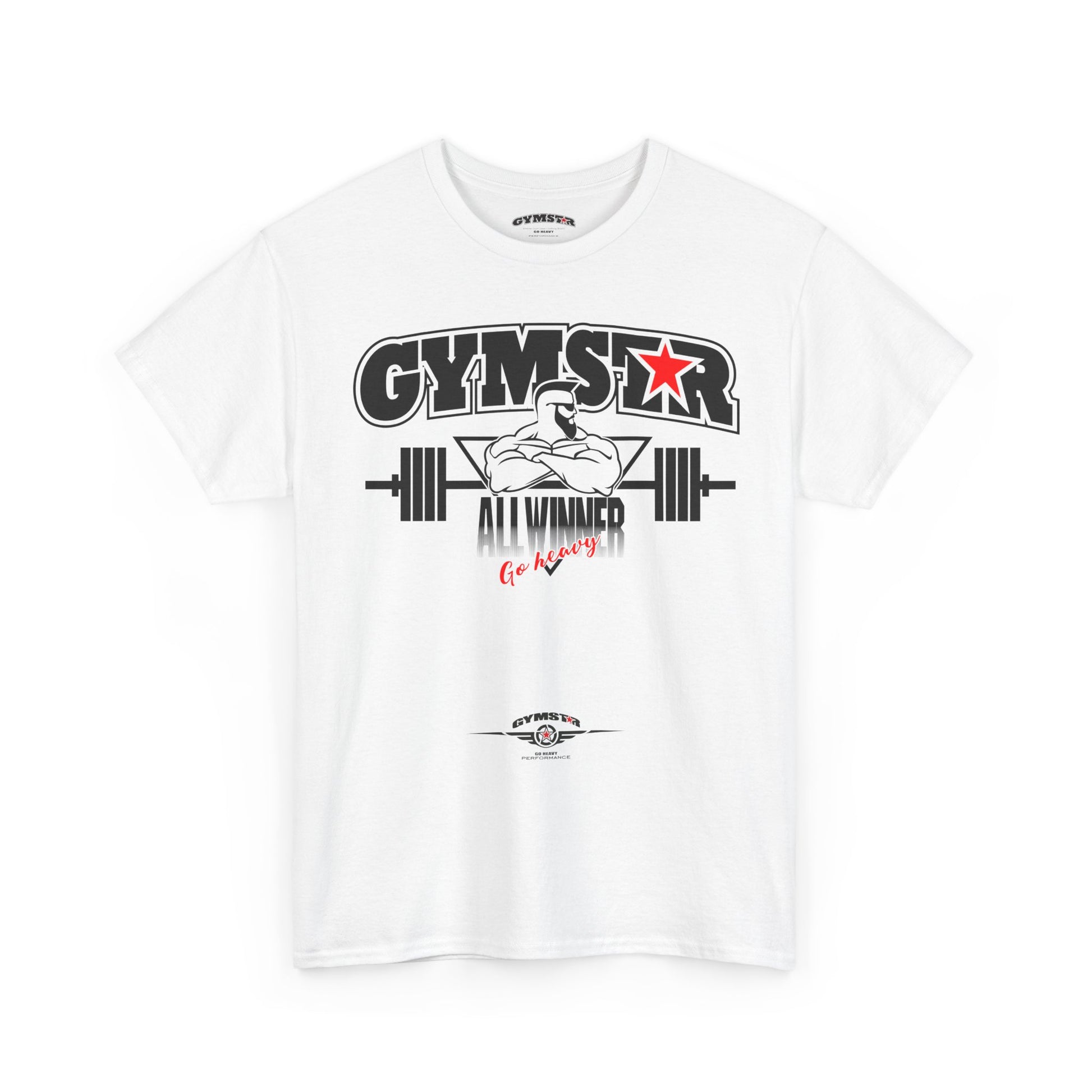 White t-shirt with 'GYMSTAR' graphic design on a white background
