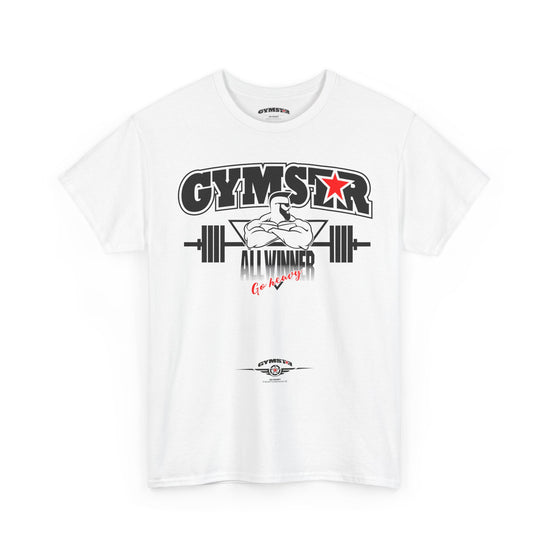 White t-shirt with 'GYMSTAR' graphic design on a white background