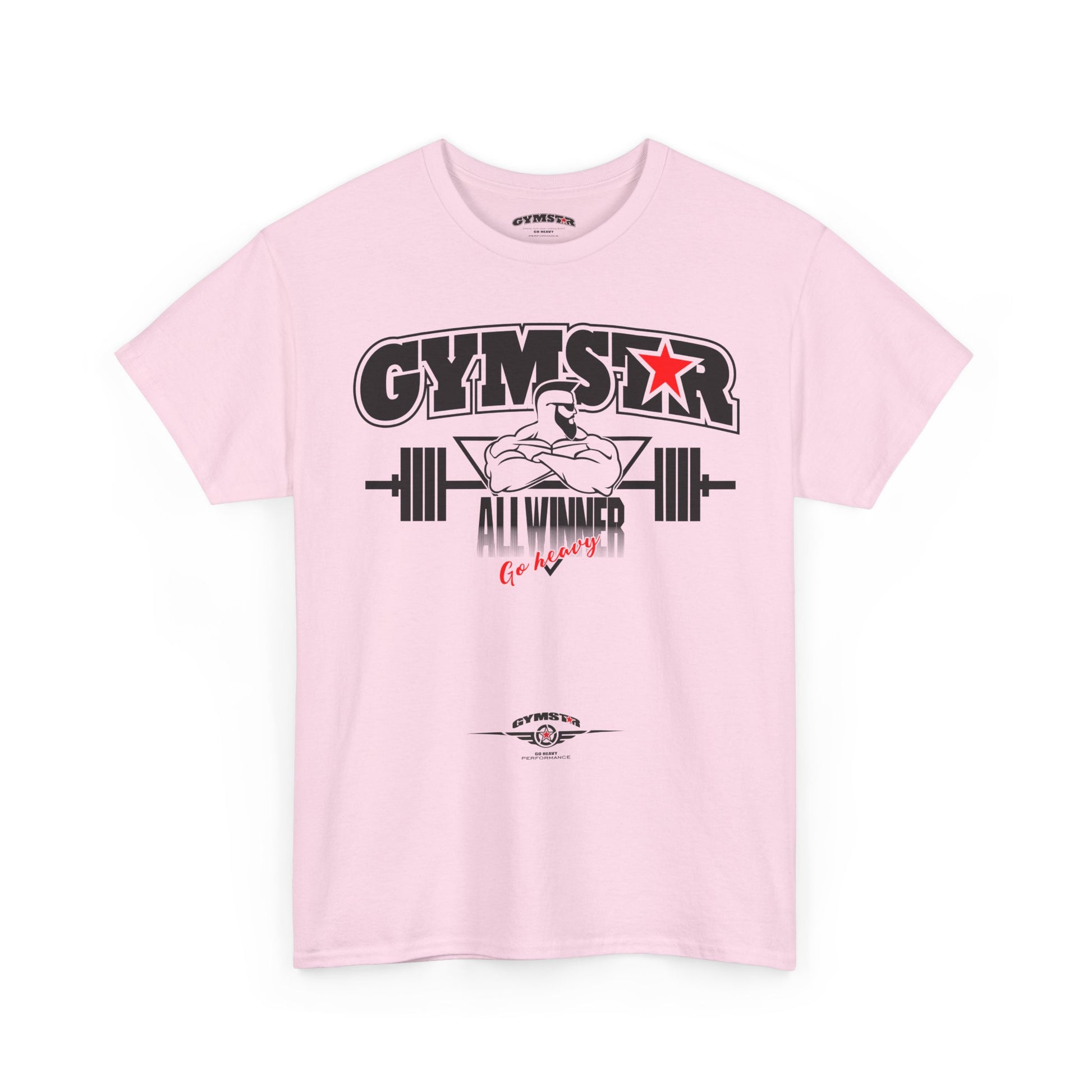 Pink t-shirt with 'GYMSTAR' graphic design on a white background