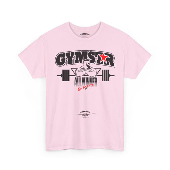 Pink t-shirt with 'GYMSTAR' graphic design on a white background