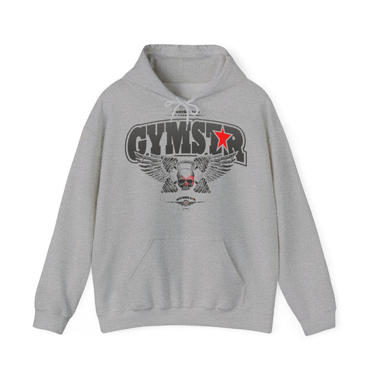Gray hoodie with 'GYMSTAR' logo on a white background