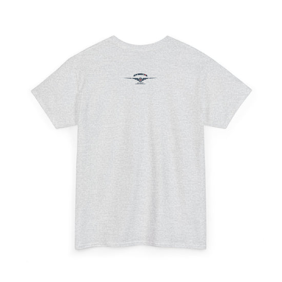 Gray t-shirt with a brand logo on the back against a white background