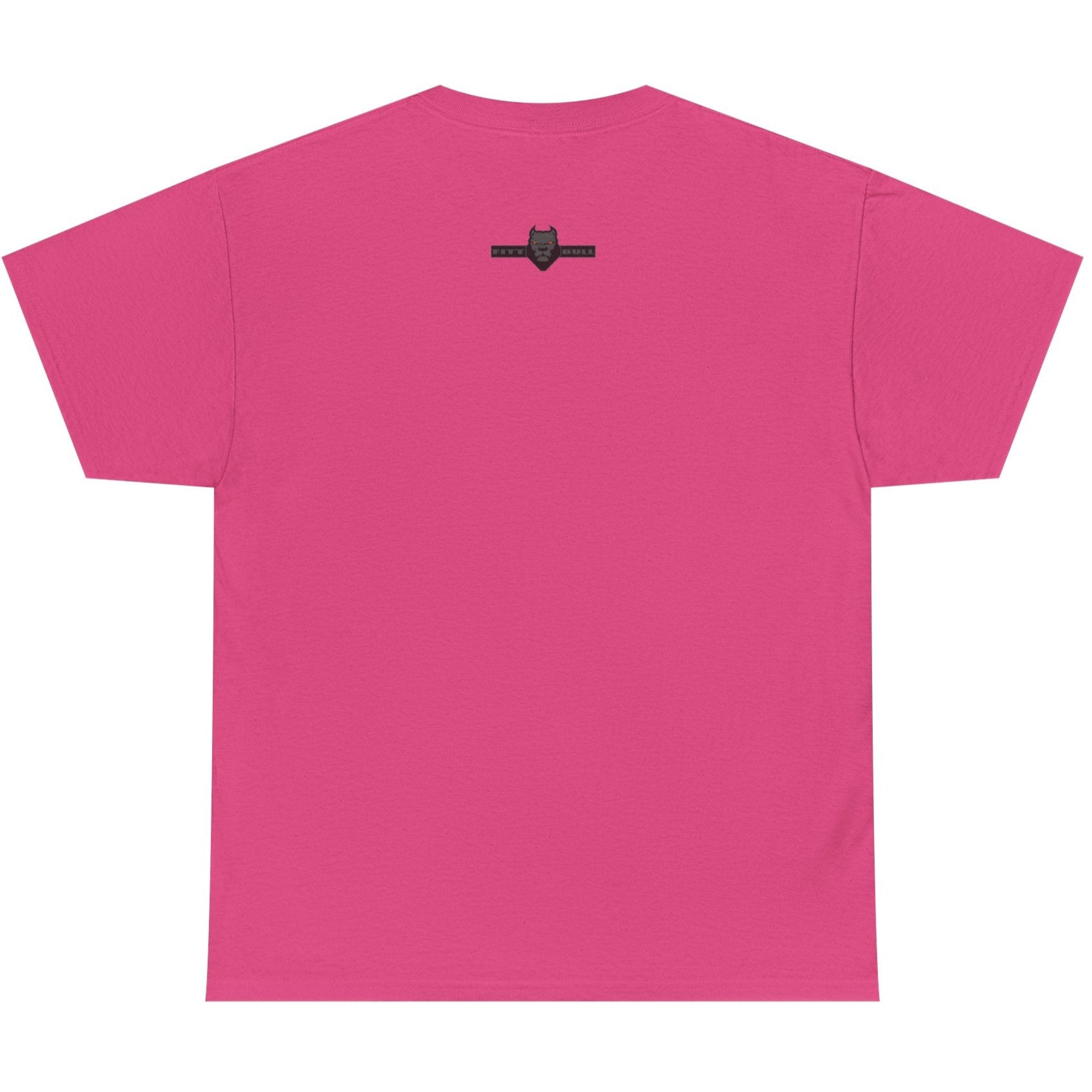 Pink t-shirt with a small black logo on the back against a white background