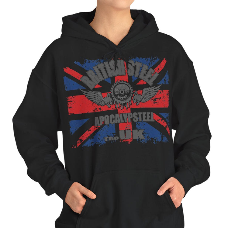 Person wearing a black hoodie with pink text on a white background