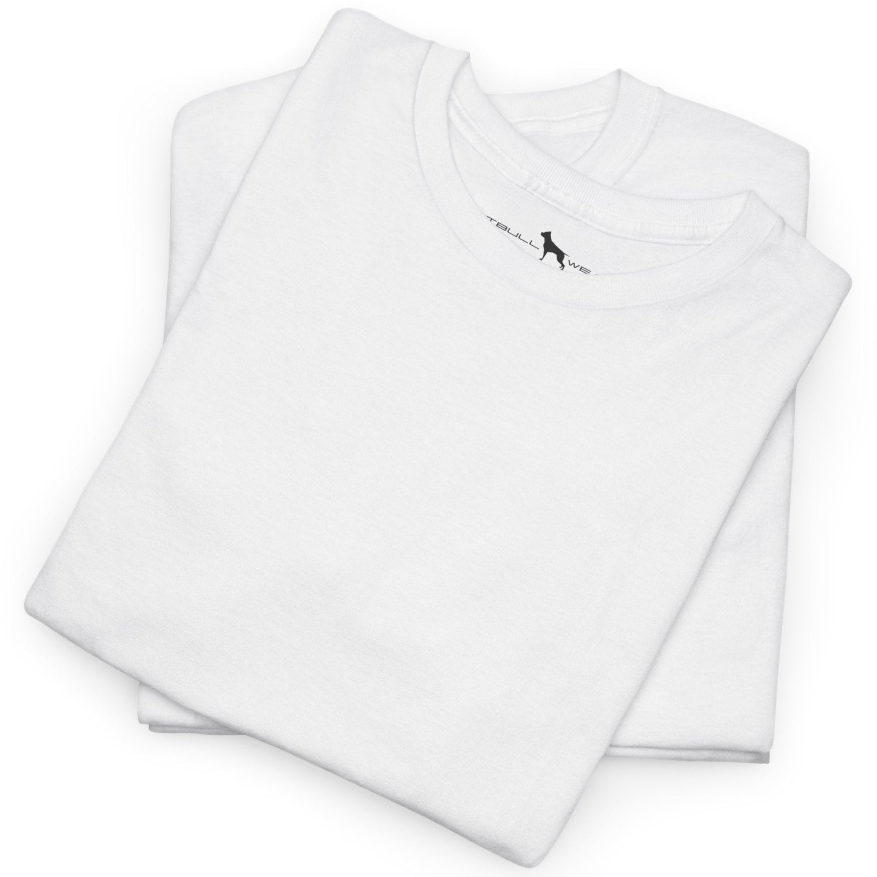 Folded white Fitbullt-shirt with a small logo on the front.