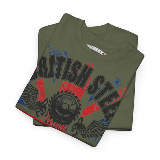 A folded olive green t-shirt with a distressed graphic print featuring the words 'BRITISH STEEL' in black, red, and blue, with a circular saw blade and winged hammer design.