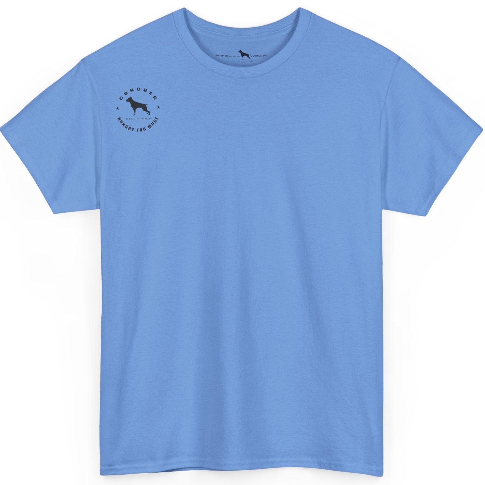 Light blue t-shirt with a small logo on the chest against a white background