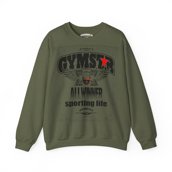 Green sweatshirt with 'GYMSTAR' branding and graphics on a white background