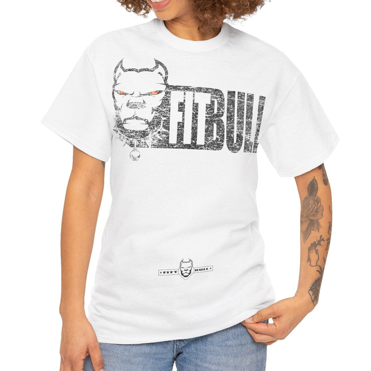 Woman wearing a white Fitbull t-shirt with a graphic design on a white background