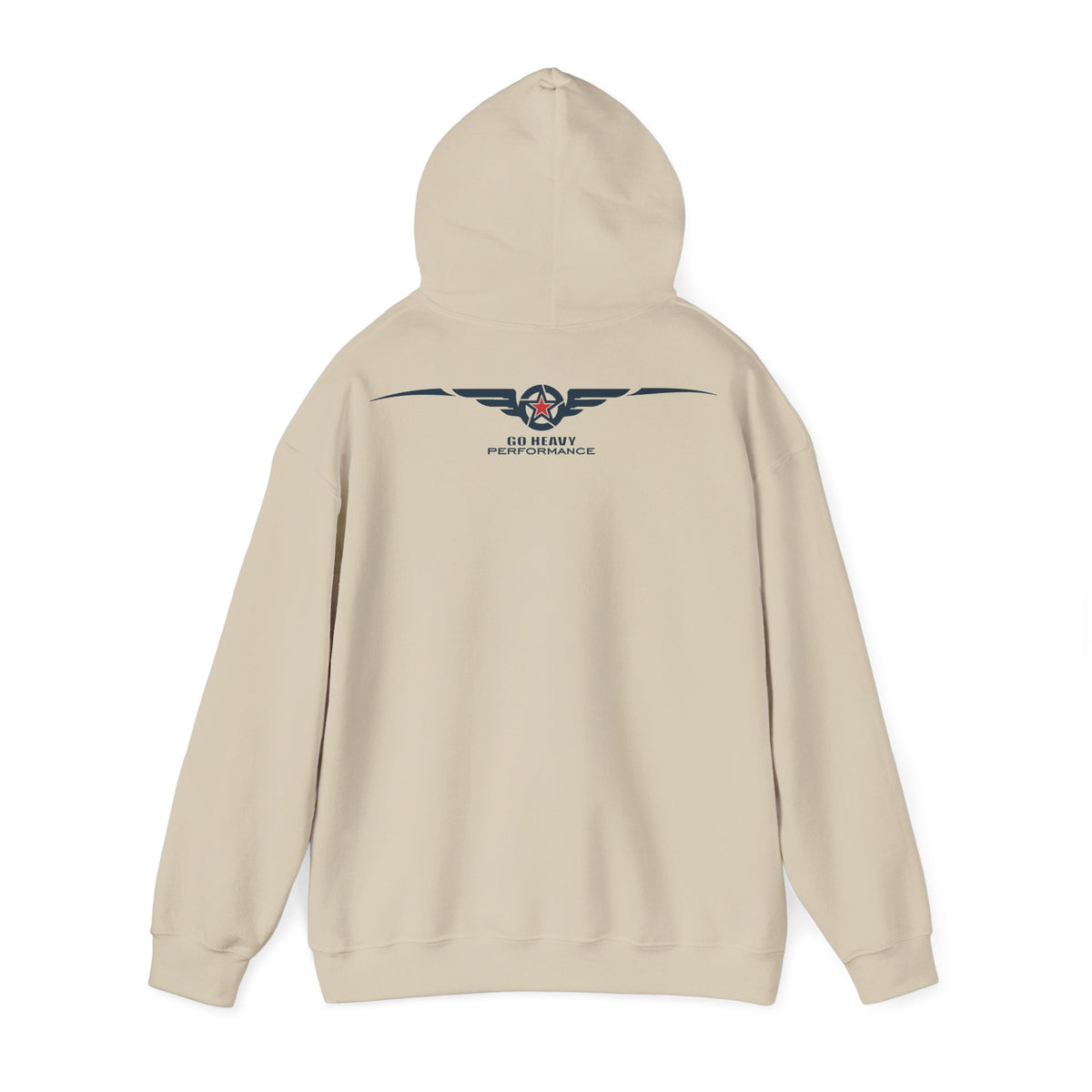 A beige pullover hoodie shown from the back, featuring a dark navy and red US Navy winged emblem with the text 'US NAVY' and 'PENTAGON' printed on the upper back.