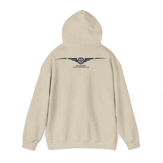 A beige pullover hoodie shown from the back, featuring a dark navy and red US Navy winged emblem with the text 'US NAVY' and 'PENTAGON' printed on the upper back.