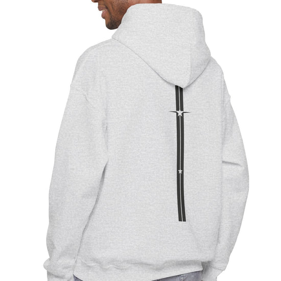 Person wearing a gray Gymstar hoodie with text and butterfly design on the back, on a white background