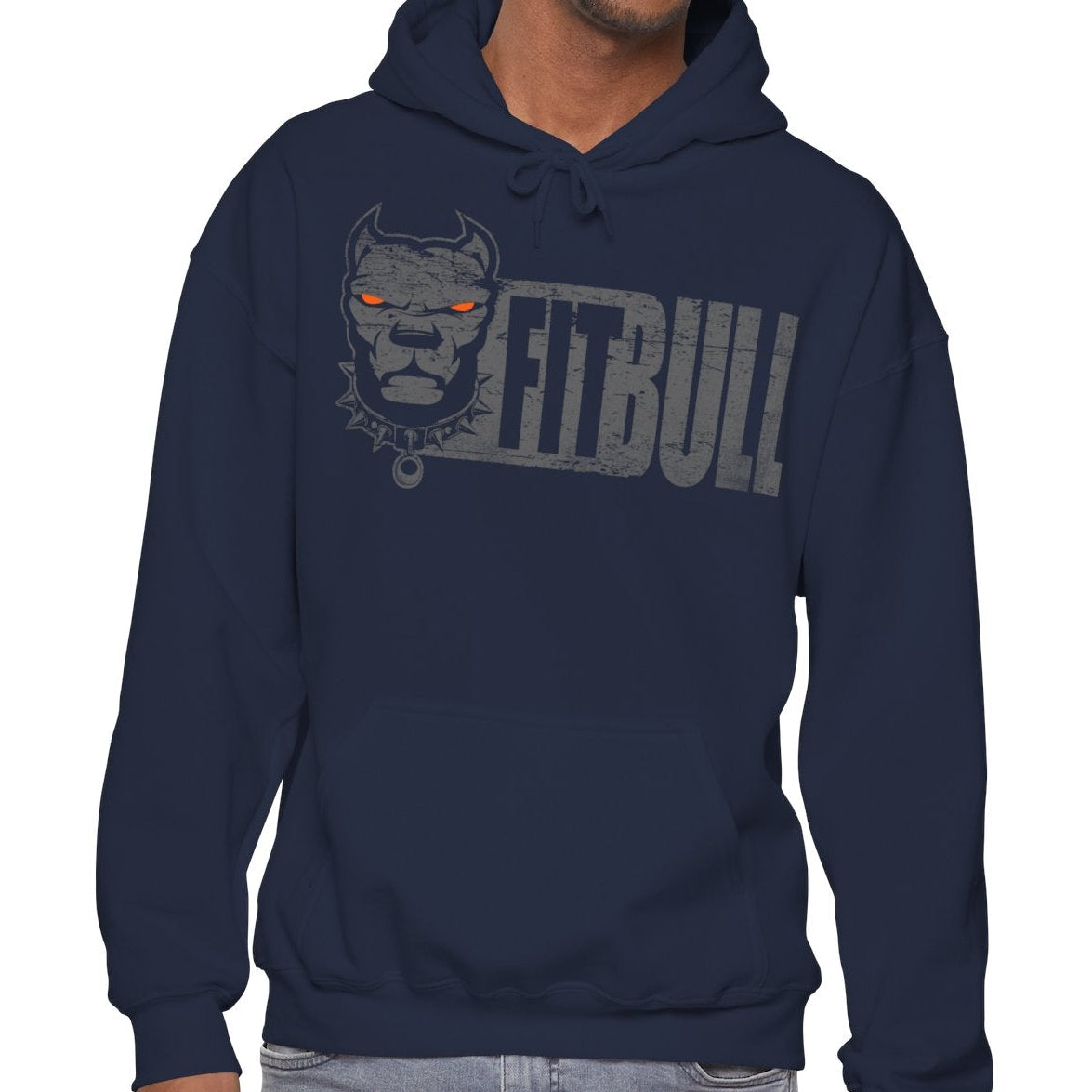 Man wearing a navy blue Fitbull hoodie with a moon phase design on a white background