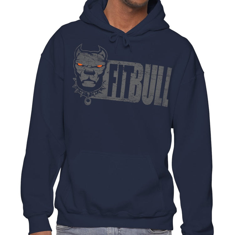 Man wearing a navy blue Fitbull hoodie with a moon phase design on a white background