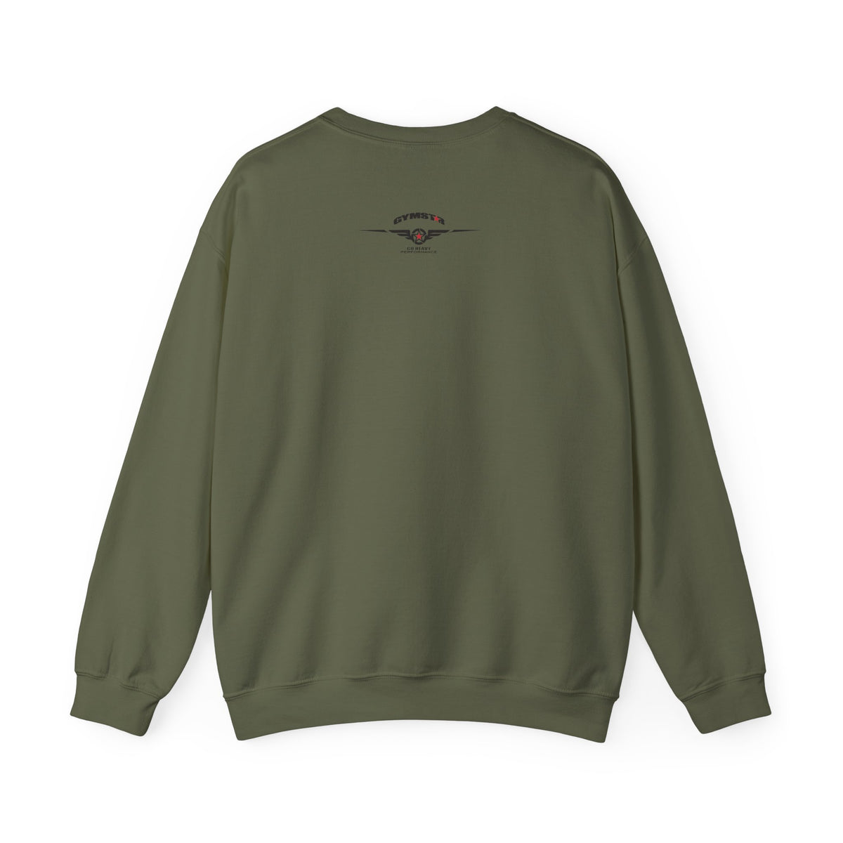 An olive green crewneck sweatshirt shown from the back, laid flat against a solid white background.