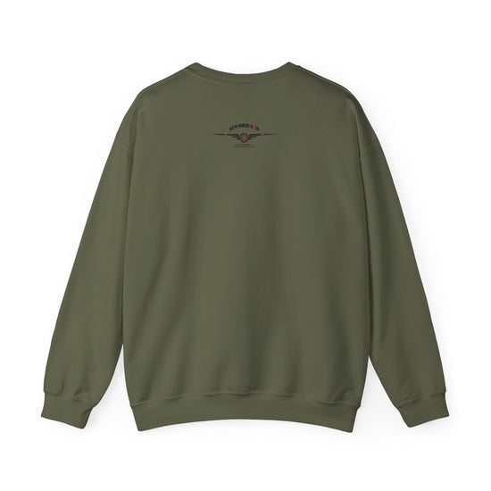 An olive green crewneck sweatshirt shown from the back, laid flat against a solid white background.