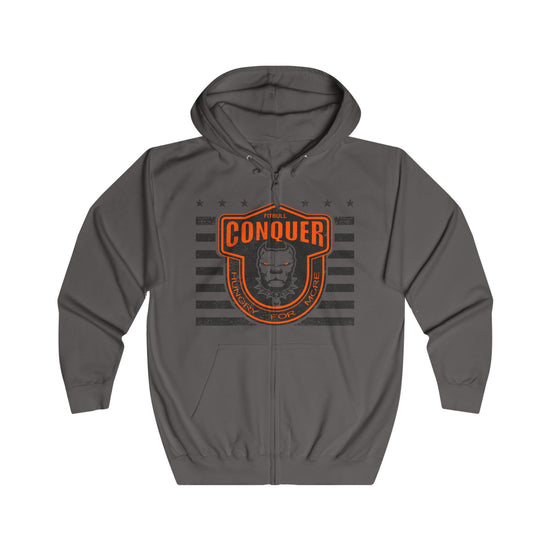 Gray Fitbull hoodie with orange and black graphic design on a white background