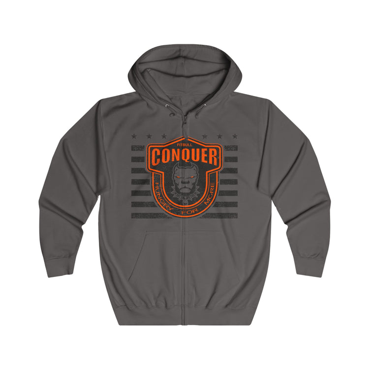 Gray Fitbull hoodie with orange and black graphic design on a white background