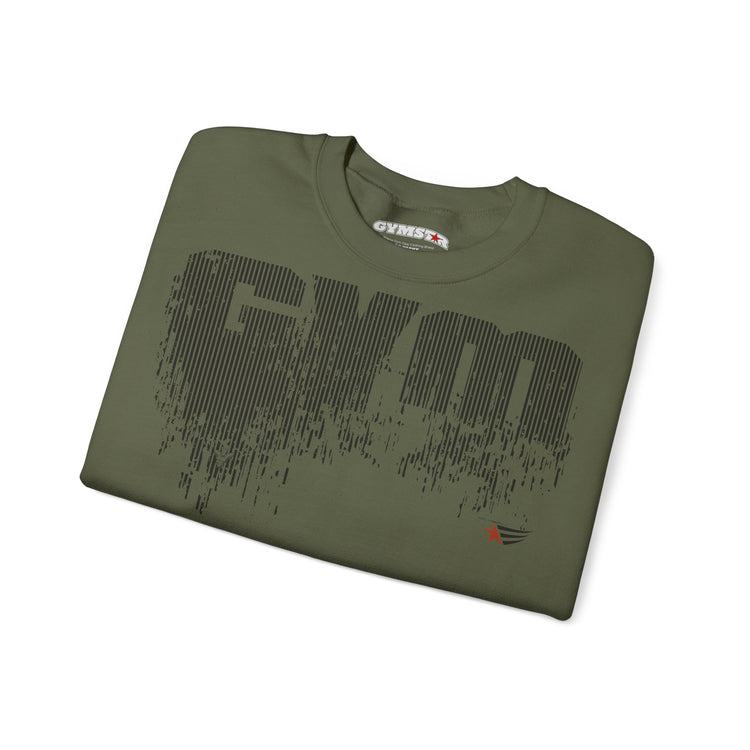 An olive green Gymshark t-shirt folded neatly, featuring a large black distressed 'Gym' graphic on the front and a small red logo on the lower right chest.