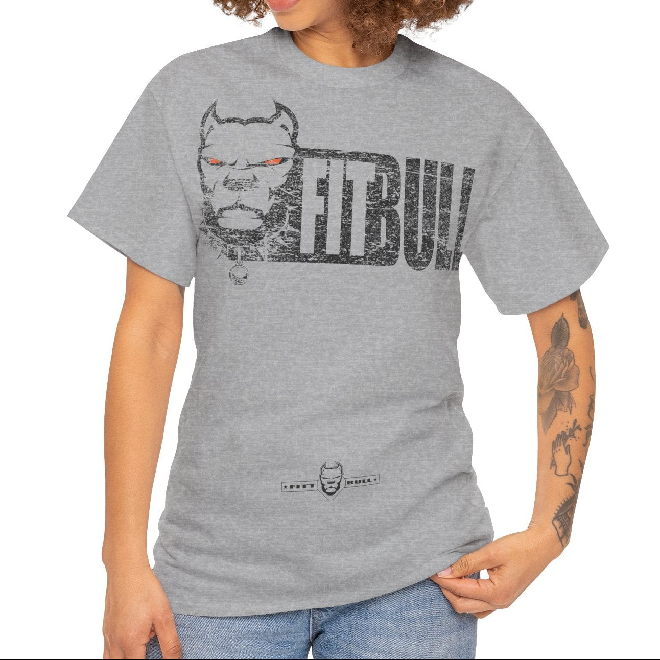 Woman wearing a sport gray t-shirt with 'Fitbull'  graphic on a white background