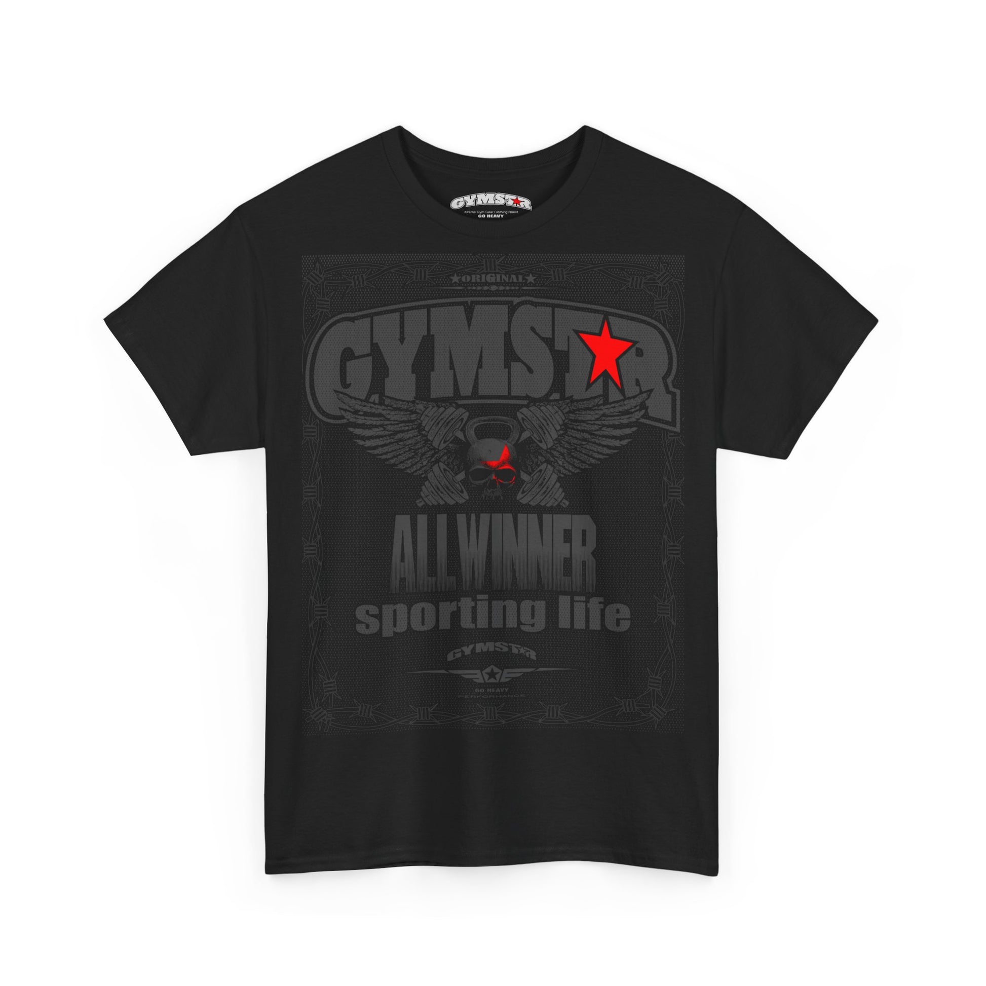 Black GYMSTAR t-shirt with graphic design and text on a white background